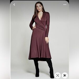 New Guess Marciano Jade Long Sleeve Jersey Midi Burgundy Dress S